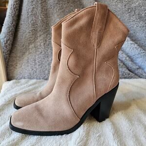 Jeffrey Campbell Short Western Boots Light Tan Suede Leather Square Toe‎ Sz 6.5